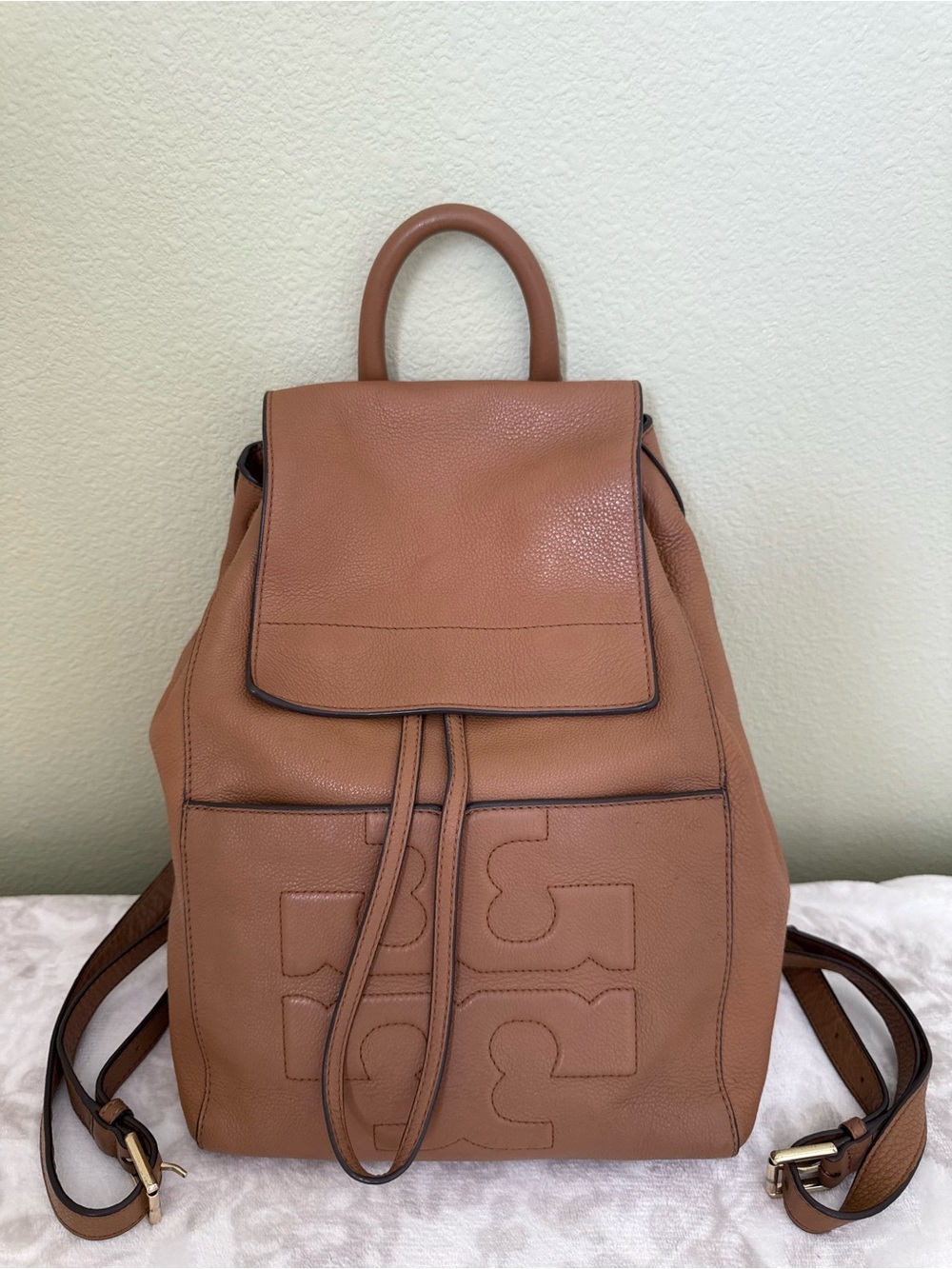 Tory Burch Bombe-T Flap Tan Pebbled Leather Backpack